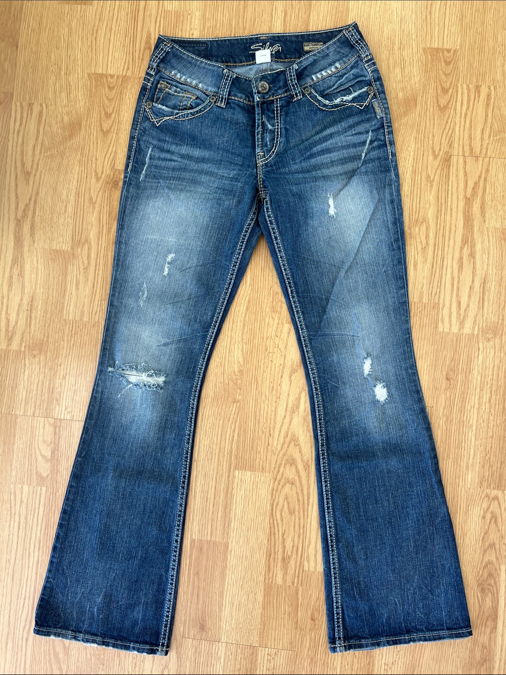 Silver Jeans Suki Surplus Flap Distressed Flare Jeans  Blue Denim Sz 26wx 32l